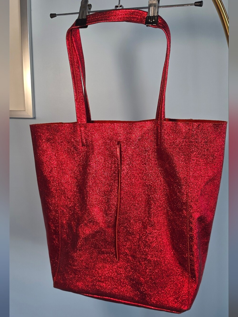 Vittoria Pacini Red Metallic Italian Leather Tote Shopper Bag